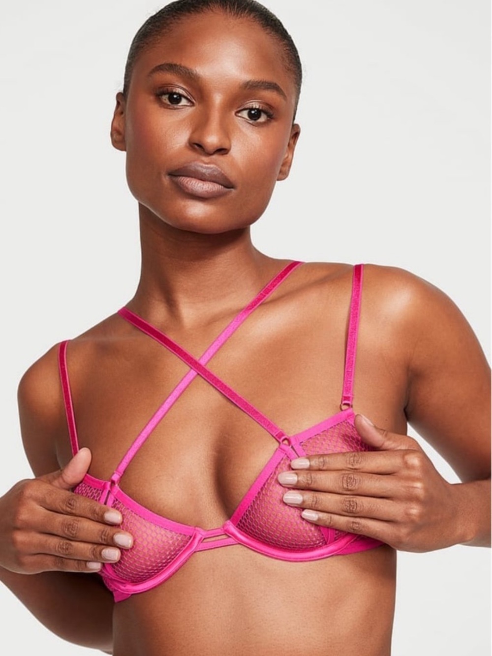 NWT Victoria’s Secret Open Cup Demi Hot Pink Mesh & Open Back Cheeky Panty